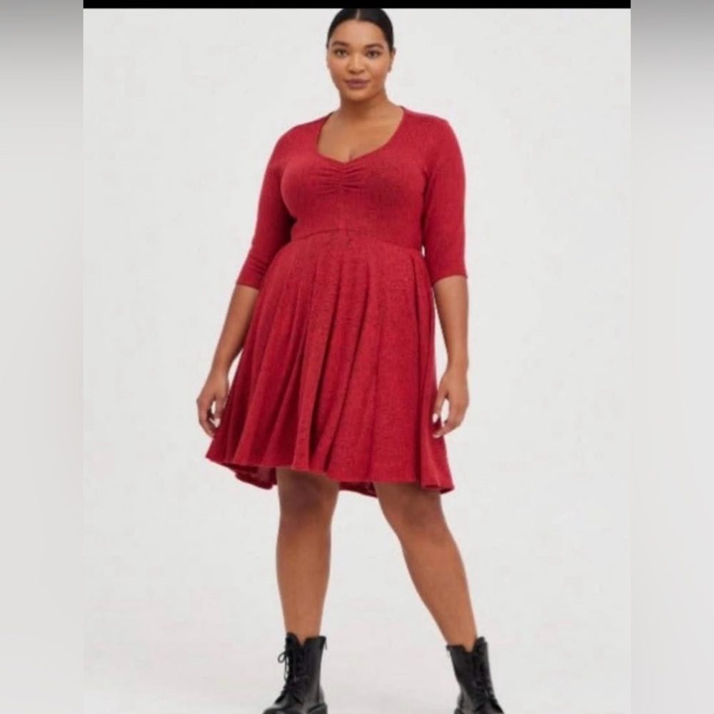 Torrid 2 Red & Black Super Soft Plush Sweater Sweetheart Neck Skater Midi Dress
